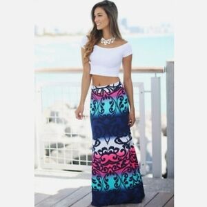 Black Stencil Ombre Stripe Boho Stretch Maxi Skirt